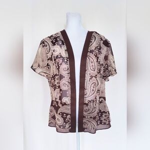 STUDIO I Women's Size 14 Short Sleeve Sheer Paisley Cardigan Brown White NWT